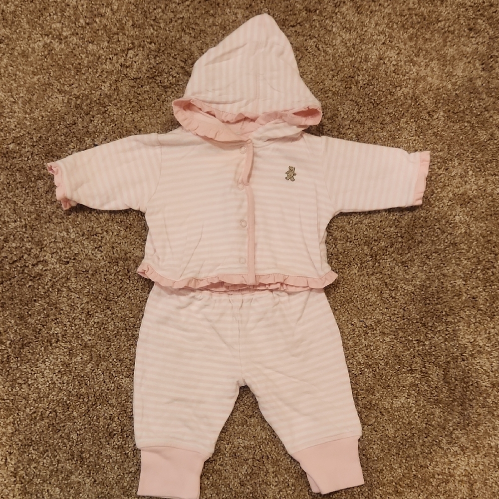 2 Piece Pink Striped Matching Pants & Hooded Top, Size 0-3 Months